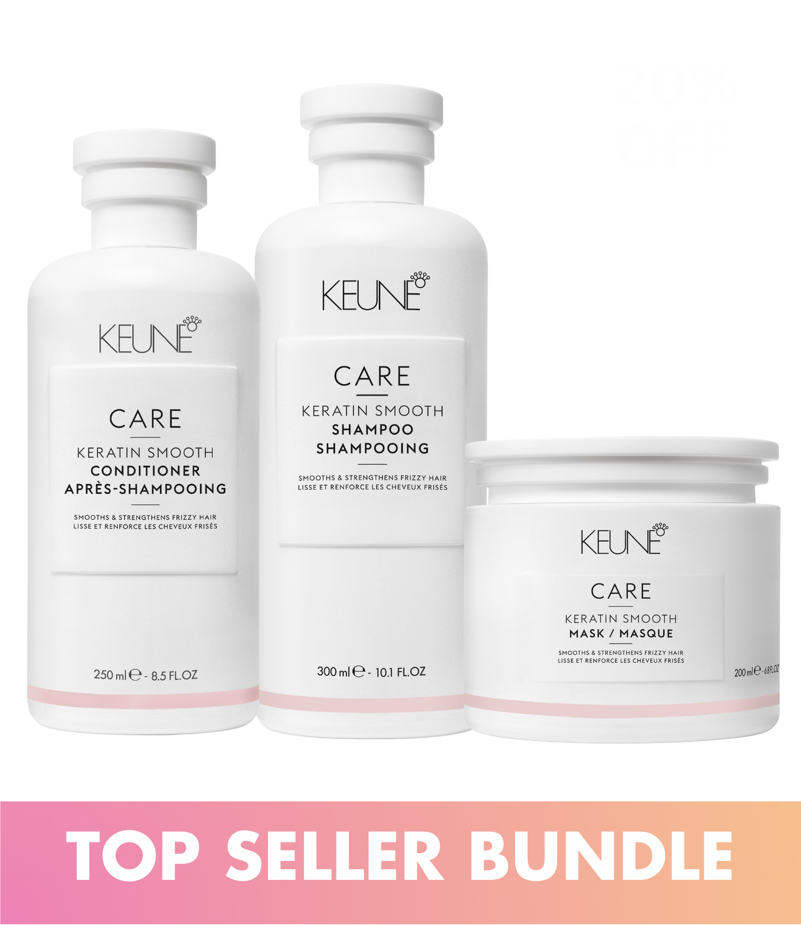 The Keratin Smooth Set includes shampoo, conditioner, and mask for smooth, shiny hair. Reduces frizz and replenishes hair with essential keratin.